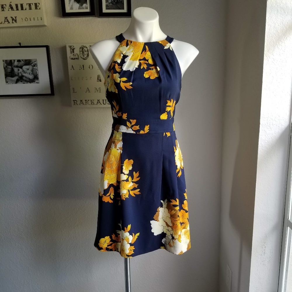 Gold & Navy Floral Halter Dress